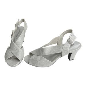 Easy Street Heeled Sandal Christy Open Peep Toe Silver Glitter Women's Shoe 8.5M